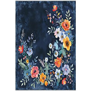 Halı – Lacivert; Kırmızı; Sarı; Beyaz – Çiçekli Desen, Pamuk Dokuma Taban, Makinede Yıkanabilir, Kolay Temizlenebilir, Toz Ve Tüy Tutmaz, Kaymaz, Evcil Hayvan Dostu 150x300 cm