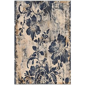 Klasik Çiçek Desenli Halı – Lacivert Ve Bej – Eskitme Görünümlü Floral Tasarım, Makinede Yıkanabilir, Kaymaz Ve İnce Tabanlı 160x350 cm