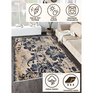 Klasik Çiçek Desenli Halı – Lacivert Ve Bej – Eskitme Görünümlü Floral Tasarım, Makinede Yıkanabilir, Kaymaz Ve İnce Tabanlı