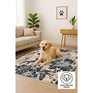 Klasik Çiçek Desenli Halı – Lacivert Ve Bej – Eskitme Görünümlü Floral Tasarım, Makinede Yıkanabilir, Kaymaz Ve İnce Tabanlı