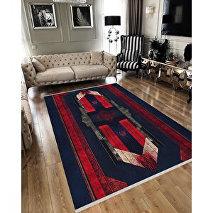 Halı – Kırmızı; Lacivert; Gri – Geometrik Desen, Pamuk Dokuma Taban, Makinede Yıkanabilir, Kolay Temizlenebilir, Toz Ve Tüy Tutmaz, Kaymaz, Evcil Hayvan Dostu 200x220 cm