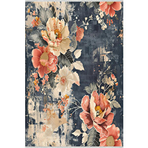 Modern Çiçek Desenli Halı – Lacivert, Krem Ve Mercan Tonları – Estetik Dokunuş, Yumuşak Doku, Makinede Yıkanabilir, Kaymaz Ve İnce Tabanlı 150x300 cm