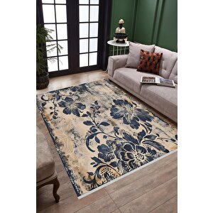 Klasik Çiçek Desenli Halı – Lacivert Ve Bej – Eskitme Görünümlü Floral Tasarım, Makinede Yıkanabilir, Kaymaz Ve İnce Tabanlı 180x200 cm