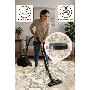Damask Desenli Halı – Bej Ve Gri – Klasik Ve Modernin Zarif Uyumu, Makinede Yıkanabilir, Kaymaz Taban, Toz Ve Tüy Tutmaz