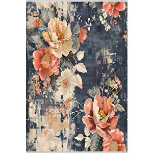 Modern Çiçek Desenli Halı – Lacivert, Krem Ve Mercan Tonları – Estetik Dokunuş, Yumuşak Doku, Makinede Yıkanabilir, Kaymaz Ve İnce Tabanlı 150x240 cm
