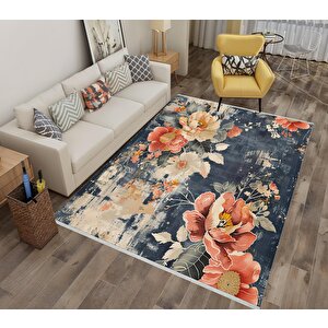 Modern Çiçek Desenli Halı – Lacivert, Krem Ve Mercan Tonları – Estetik Dokunuş, Yumuşak Doku, Makinede Yıkanabilir, Kaymaz Ve İnce Tabanlı 150x240 cm