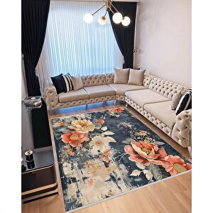 Modern Çiçek Desenli Halı – Lacivert, Krem Ve Mercan Tonları – Estetik Dokunuş, Yumuşak Doku, Makinede Yıkanabilir, Kaymaz Ve İnce Tabanlı 80x150 cm
