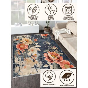 Modern Çiçek Desenli Halı – Lacivert, Krem Ve Mercan Tonları – Estetik Dokunuş, Yumuşak Doku, Makinede Yıkanabilir, Kaymaz Ve İnce Tabanlı