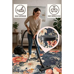 Modern Çiçek Desenli Halı – Lacivert, Krem Ve Mercan Tonları – Estetik Dokunuş, Yumuşak Doku, Makinede Yıkanabilir, Kaymaz Ve İnce Tabanlı