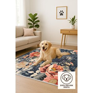 Modern Çiçek Desenli Halı – Lacivert, Krem Ve Mercan Tonları – Estetik Dokunuş, Yumuşak Doku, Makinede Yıkanabilir, Kaymaz Ve İnce Tabanlı