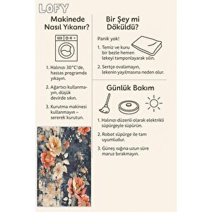 Modern Çiçek Desenli Halı – Lacivert, Krem Ve Mercan Tonları – Estetik Dokunuş, Yumuşak Doku, Makinede Yıkanabilir, Kaymaz Ve İnce Tabanlı