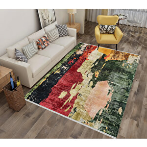 Modern Soyut Halı – Kırmızı, Yeşil Ve Sarı Renkli – Yıkanabilir, Kaymaz Taban, Kolay Temizlenebilir, Robot Süpürge Uyumlu 80x80 cm