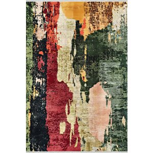 Modern Soyut Halı – Kırmızı, Yeşil Ve Sarı Renkli – Yıkanabilir, Kaymaz Taban, Kolay Temizlenebilir, Robot Süpürge Uyumlu 150x300 cm
