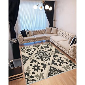 Geometrik Desenli Modern Halı – Siyah Ve Bej – Yıkanabilir, Kaymaz Taban, Kolay Temizlenebilir, Katlanabilir İnce Yapı, Evcil Hayvan Dostu