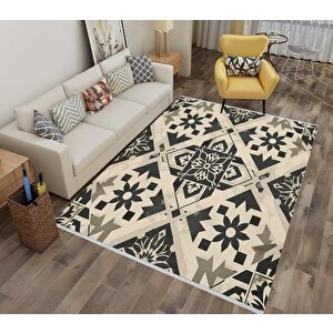 Geometrik Desenli Modern Halı – Siyah Ve Bej – Yıkanabilir, Kaymaz Taban, Kolay Temizlenebilir, Katlanabilir İnce Yapı, Evcil Hayvan Dostu