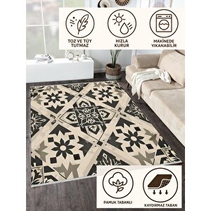Geometrik Desenli Modern Halı – Siyah Ve Bej – Yıkanabilir, Kaymaz Taban, Kolay Temizlenebilir, Katlanabilir İnce Yapı, Evcil Hayvan Dostu