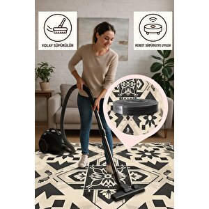 Geometrik Desenli Modern Halı – Siyah Ve Bej – Yıkanabilir, Kaymaz Taban, Kolay Temizlenebilir, Katlanabilir İnce Yapı, Evcil Hayvan Dostu