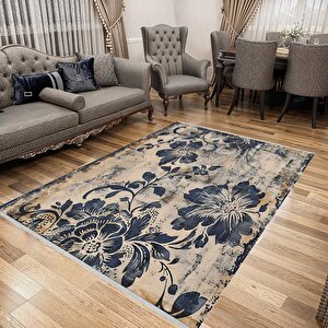 Klasik Çiçek Desenli Halı – Lacivert Ve Bej – Eskitme Görünümlü Floral Tasarım, Makinede Yıkanabilir, Kaymaz Ve İnce Tabanlı