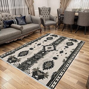 Kilim Desenli Halı – Siyah Ve Krem – Geleneksel Anadolu Motifleri, Makinede Yıkanabilir, Kaymaz Ve İnce Tabanlı
