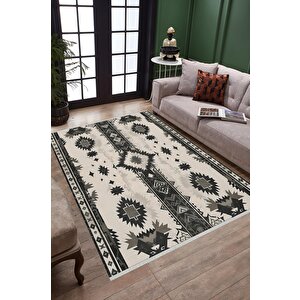 Kilim Desenli Halı – Siyah Ve Krem – Geleneksel Anadolu Motifleri, Makinede Yıkanabilir, Kaymaz Ve İnce Tabanlı