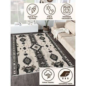 Kilim Desenli Halı – Siyah Ve Krem – Geleneksel Anadolu Motifleri, Makinede Yıkanabilir, Kaymaz Ve İnce Tabanlı