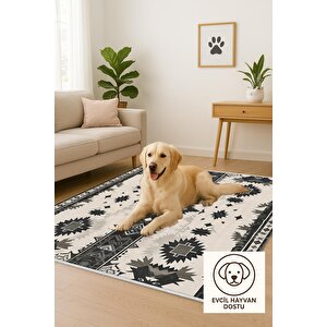 Kilim Desenli Halı – Siyah Ve Krem – Geleneksel Anadolu Motifleri, Makinede Yıkanabilir, Kaymaz Ve İnce Tabanlı