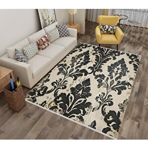 Halı – Siyah; Bej – Eskitme Damask Desen, Pamuk Dokuma Taban, Makinede Yıkanabilir, Kolay Temizlenebilir, Toz Ve Tüy Tutmaz, Kaymaz, Evcil Hayvan Dostu 120x270 cm