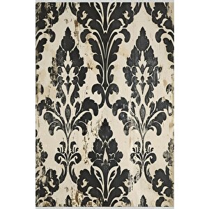 Halı – Siyah; Bej – Eskitme Damask Desen, Pamuk Dokuma Taban, Makinede Yıkanabilir, Kolay Temizlenebilir, Toz Ve Tüy Tutmaz, Kaymaz, Evcil Hayvan Dostu 120x270 cm
