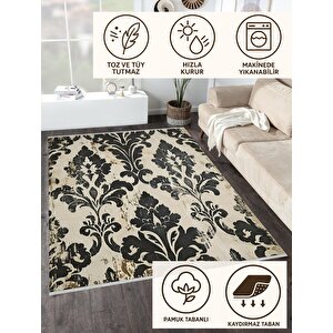 Halı – Siyah; Bej – Eskitme Damask Desen, Pamuk Dokuma Taban, Makinede Yıkanabilir, Kolay Temizlenebilir, Toz Ve Tüy Tutmaz, Kaymaz, Evcil Hayvan Dostu 120x270 cm