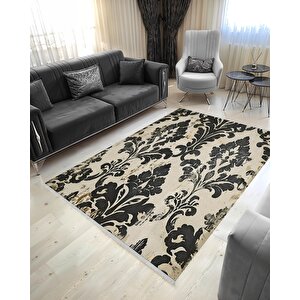 Halı – Siyah; Bej – Eskitme Damask Desen, Pamuk Dokuma Taban, Makinede Yıkanabilir, Kolay Temizlenebilir, Toz Ve Tüy Tutmaz, Kaymaz, Evcil Hayvan Dostu