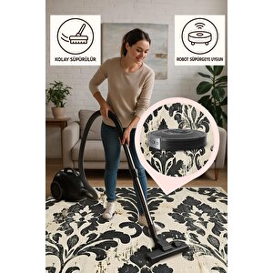 Halı – Siyah; Bej – Eskitme Damask Desen, Pamuk Dokuma Taban, Makinede Yıkanabilir, Kolay Temizlenebilir, Toz Ve Tüy Tutmaz, Kaymaz, Evcil Hayvan Dostu