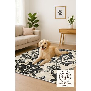 Halı – Siyah; Bej – Eskitme Damask Desen, Pamuk Dokuma Taban, Makinede Yıkanabilir, Kolay Temizlenebilir, Toz Ve Tüy Tutmaz, Kaymaz, Evcil Hayvan Dostu