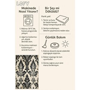 Halı – Siyah; Bej – Eskitme Damask Desen, Pamuk Dokuma Taban, Makinede Yıkanabilir, Kolay Temizlenebilir, Toz Ve Tüy Tutmaz, Kaymaz, Evcil Hayvan Dostu
