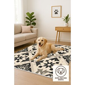 Geometrik Desenli Modern Halı – Siyah Ve Bej – Yıkanabilir, Kaymaz Taban, Kolay Temizlenebilir, Katlanabilir İnce Yapı, Evcil Hayvan Dostu