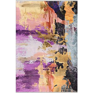 Modern Soyut Halı – Mor, Turuncu Ve Sarı Tonlar – Yıkanabilir, Kaymaz Taban, Kolay Temizlenebilir, Robot Süpürge Uyumlu 150x300 cm
