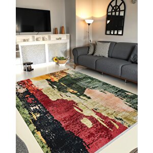 Modern Soyut Halı – Kırmızı, Yeşil Ve Sarı Renkli – Yıkanabilir, Kaymaz Taban, Kolay Temizlenebilir, Robot Süpürge Uyumlu 150x150 cm