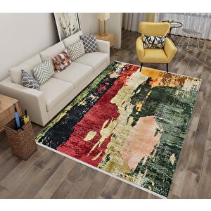 Modern Soyut Halı – Kırmızı, Yeşil Ve Sarı Renkli – Yıkanabilir, Kaymaz Taban, Kolay Temizlenebilir, Robot Süpürge Uyumlu 150x150 cm