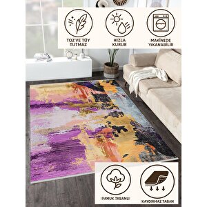 Modern Soyut Halı – Mor, Turuncu Ve Sarı Tonlar – Yıkanabilir, Kaymaz Taban, Kolay Temizlenebilir, Robot Süpürge Uyumlu