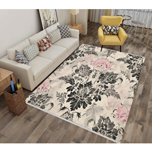 Siyah, Gri Ve Pembe Çiçek Desenli Halı – Krem Zeminli – Makinede Yıkanabilir, Tüy Tutmaz, Pamuk Dokuma Tabanlı