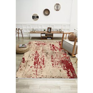 Halı – Kırmızı, Bej Ve Kahverengi – Soyut Desen, Pamuk Dokuma Taban, Makinede Yıkanabilir, Kolay Temizlenebilir, Toz Ve Tüy Tutmaz, Kaymaz, Evcil Hayvan Dostu