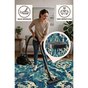 Barok Desenli Halı – Lacivert, Turkuaz Ve Krem Tonları – Zengin Desen Dokusu, Makinede Yıkanabilir, Kaymaz Taban, Toz Tutmaz, Evcil Hayvan Dostu