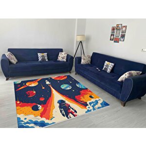 Çocuklar İçin Astronot Ve Roket Temalı Halı – Renkli Ve Eğlenceli Uzay Tasarımı – Makinede Yıkanabilir, Kaymaz Taban, Evcil Hayvan Dostu 120x270 cm