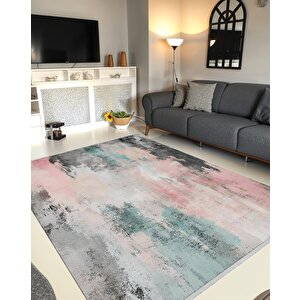 Soyut Pastel Tonlu Halı – Pembe, Mint Yeşili, Siyah Ve Krem – Yumuşak Ve Ferah Görünüm, Makinede Yıkanabilir, Pamuk Taban, Toz Tutmaz, Evcil Hayvan Dostu