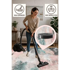 Soyut Pastel Tonlu Halı – Pembe, Mint Yeşili, Siyah Ve Krem – Yumuşak Ve Ferah Görünüm, Makinede Yıkanabilir, Pamuk Taban, Toz Tutmaz, Evcil Hayvan Dostu