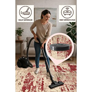 Halı – Kırmızı, Bej Ve Kahverengi – Soyut Desen, Pamuk Dokuma Taban, Makinede Yıkanabilir, Kolay Temizlenebilir, Toz Ve Tüy Tutmaz, Kaymaz, Evcil Hayvan Dostu