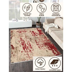 Halı – Kırmızı, Bej Ve Kahverengi – Soyut Desen, Pamuk Dokuma Taban, Makinede Yıkanabilir, Kolay Temizlenebilir, Toz Ve Tüy Tutmaz, Kaymaz, Evcil Hayvan Dostu