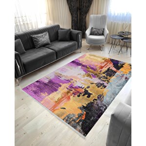Modern Soyut Halı – Mor, Turuncu Ve Sarı Tonlar – Yıkanabilir, Kaymaz Taban, Kolay Temizlenebilir, Robot Süpürge Uyumlu 160x350 cm