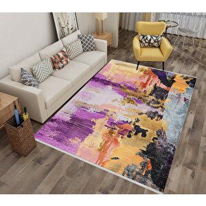Modern Soyut Halı – Mor, Turuncu Ve Sarı Tonlar – Yıkanabilir, Kaymaz Taban, Kolay Temizlenebilir, Robot Süpürge Uyumlu 160x350 cm