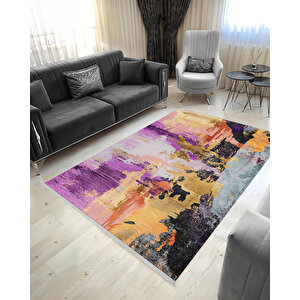 Modern Soyut Halı – Mor, Turuncu Ve Sarı Tonlar – Yıkanabilir, Kaymaz Taban, Kolay Temizlenebilir, Robot Süpürge Uyumlu 180x200 cm