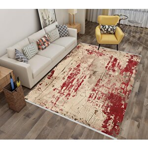 Halı – Kırmızı, Bej Ve Kahverengi – Soyut Desen, Pamuk Dokuma Taban, Makinede Yıkanabilir, Kolay Temizlenebilir, Toz Ve Tüy Tutmaz, Kaymaz, Evcil Hayvan Dostu 200x220 cm